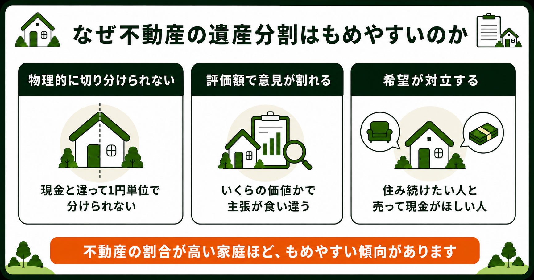 不動産の遺産分割がもめやすい3つの理由。切り分けられない・評価額で割れる・希望が対立