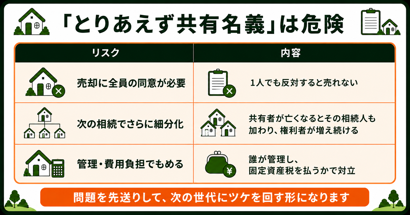 共有名義の3つのリスク。全員の同意が必要・次の相続で細分化・管理費用でもめる