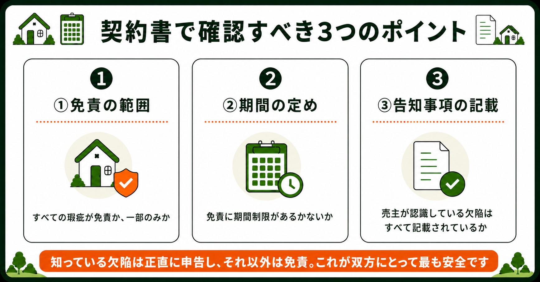 契約書で確認すべき3つのポイント。免責の範囲・期間の定め・告知事項の記載