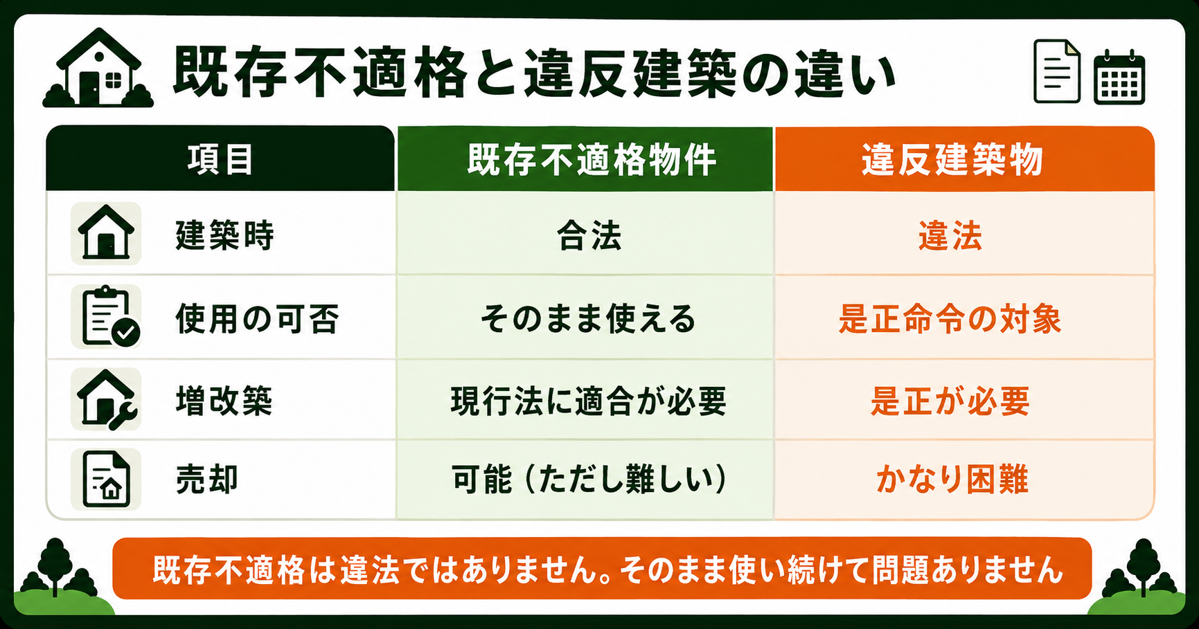 既存不適格物件と違反建築物の違いを比較した表