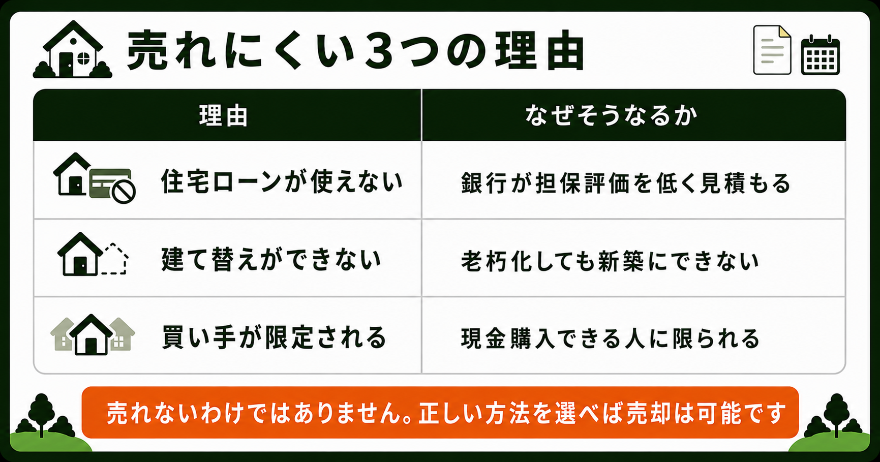 再建築不可物件が売れにくい3つの理由をまとめた表