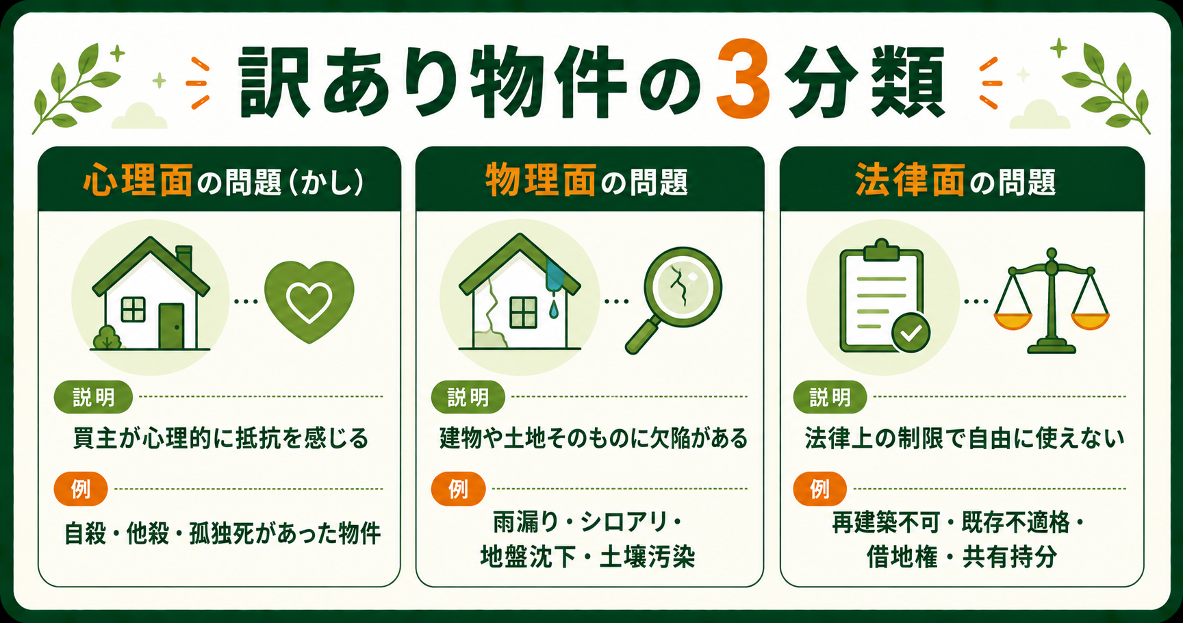 訳あり物件の3分類（心理面の問題・物理面の問題・法律面の問題）
